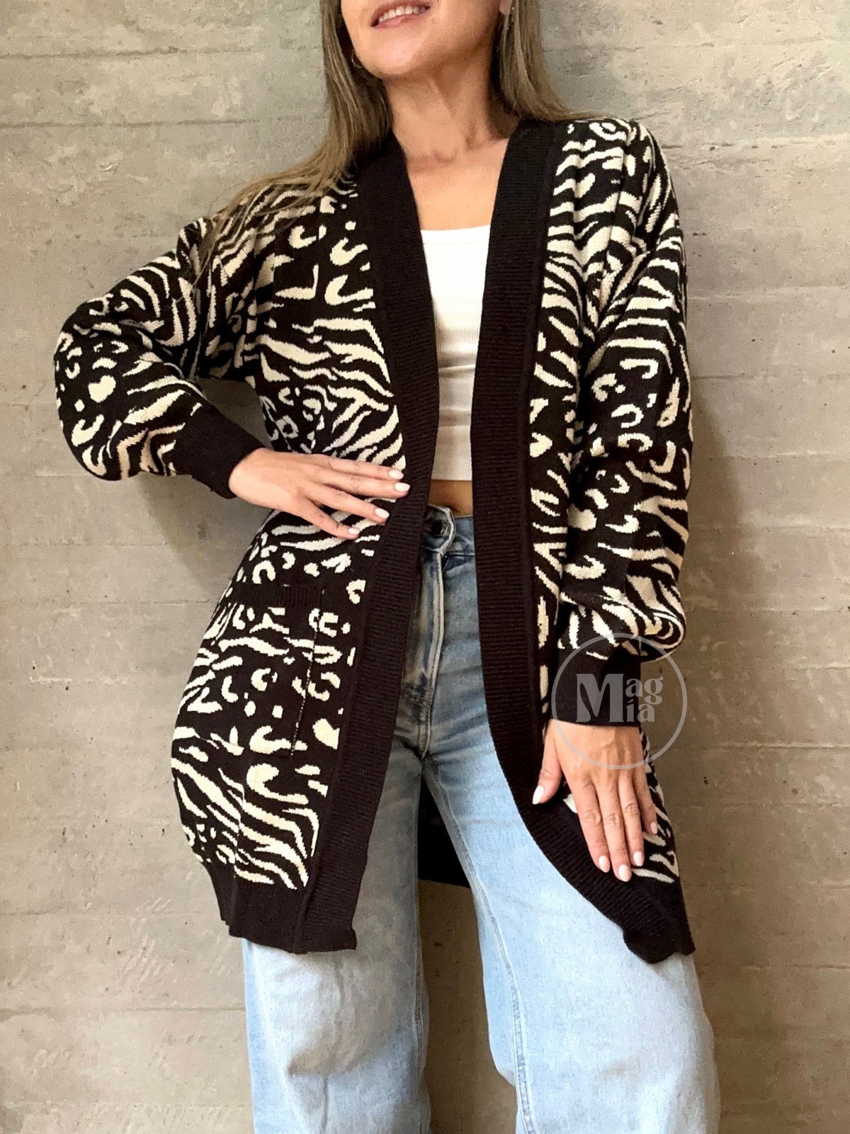 CARDIGAN BOLSILLO ANIMAL PRINT NEGRO
