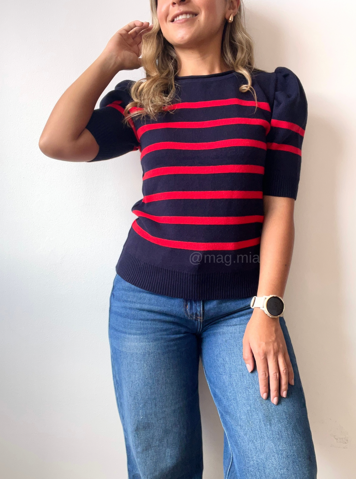 BLUSA RAYAS VISCOSA AZUL NAVY ROJO